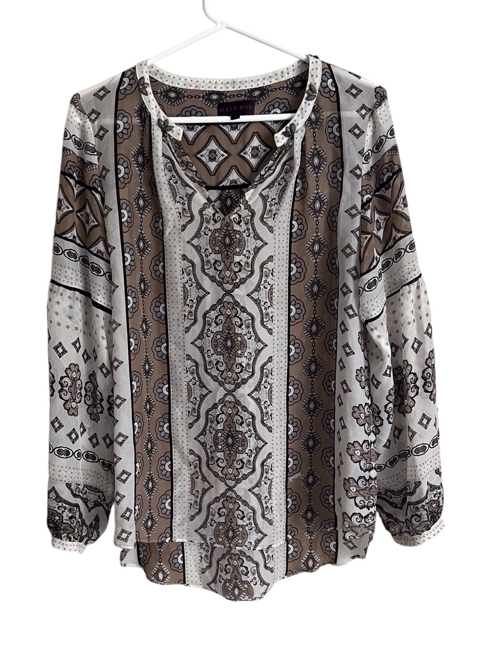 Hale Bob Silk Boho Blouse Tan White Peasant Tribal Bell Sleeve Small